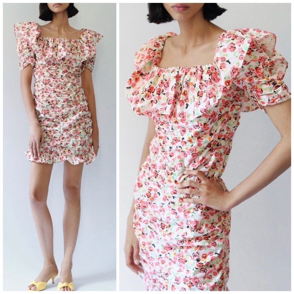 Zara Floral Ruffled Hem Ruched Mini Dress